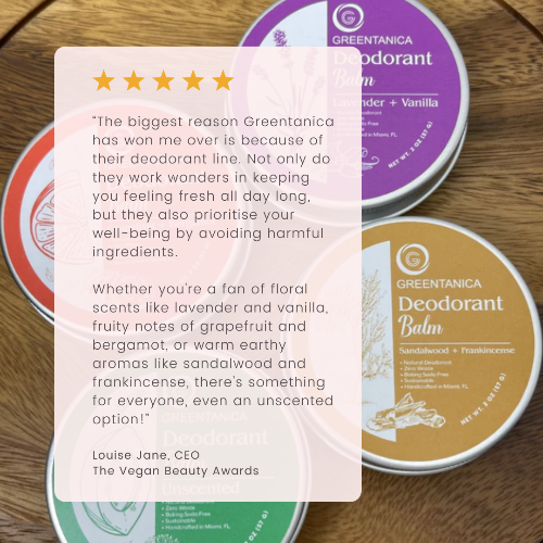 Greantanica deodorant products on a wooden surface with a quote about their benefits.