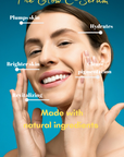 Woman applying skincare serum with text highlighting benefits on a blue background