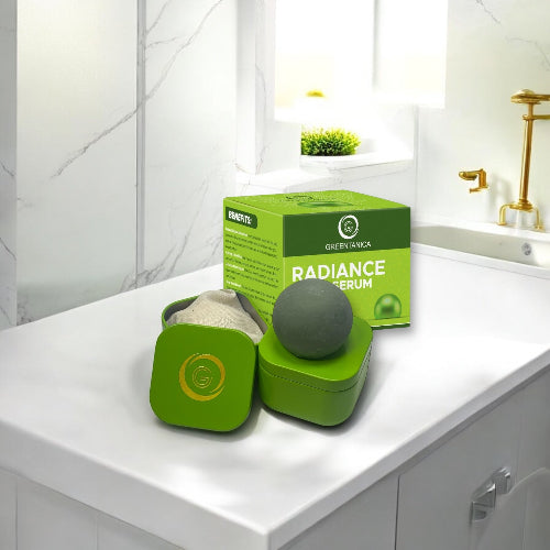 Green facial serum packaging on a bathroom counter with a box labeled 'Radiance Serum'.