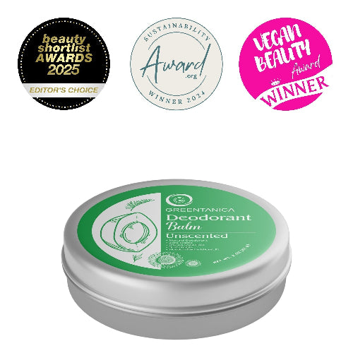 Greentanica deodorant balm with awards on a white background