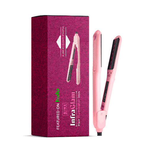A pink flat hair iron, the InfraGlam Hair Illuminator Iron, alongside its packaging box which has the product image and brand name 'BimeBeauty' on it.