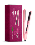 A pink flat hair iron, the InfraGlam Hair Illuminator Iron, alongside its packaging box which has the product image and brand name 'BimeBeauty' on it.