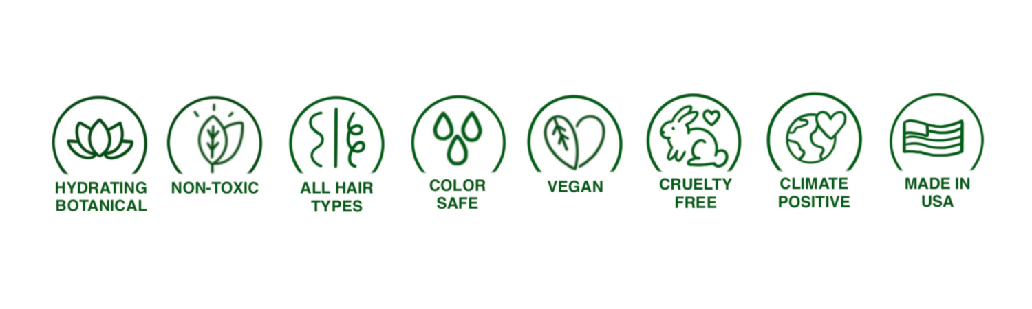 Set of green icons with text describing product features on a white background
