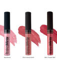 Three lip glosses from Boston Mints with swatches of color on a white background