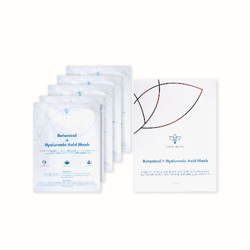 A box of Botanical + Hyaluronic Acid Mask by Olecea with five individual sheet masks visible, arranged in a fan-like spread with an illustration of a leaf on the packaging.