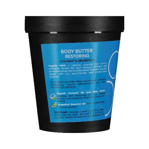 Body butter container with blue label and black lid on a teal background