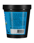 Back view of a container with blue label and black lid on a dark gray background