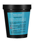 Body cream container with blue label and black lid on a teal background