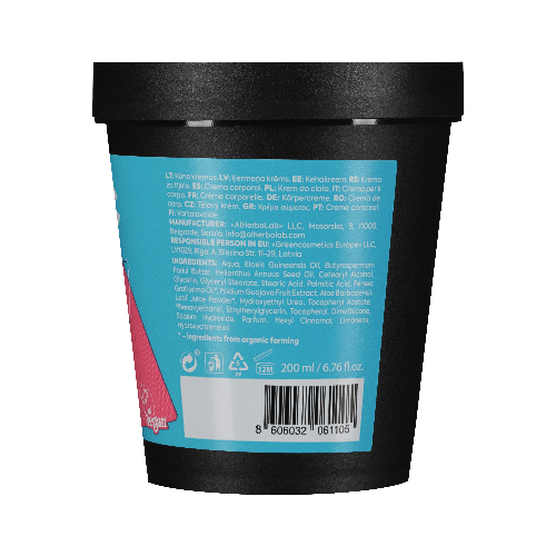 Back view of a black container with blue label on a teal background