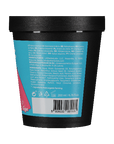 Back view of a black container with blue label on a teal background