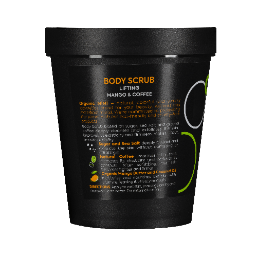 Body scrub container with black lid on a dark background