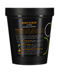 Body scrub container with black lid on a dark background