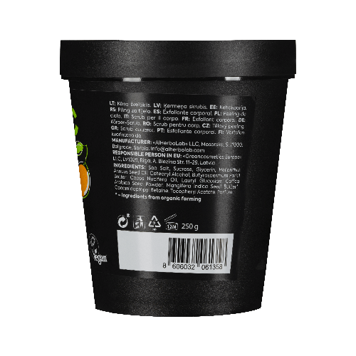 Back view of a black container with text and product details on a dark green background