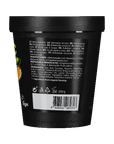Back view of a black container with text and product details on a dark green background