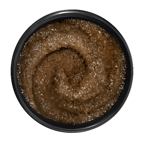 Brown paste in a black container on a transparent background
