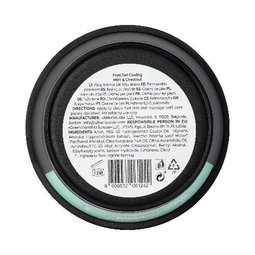 Back of a foot gel cooling cream container with text and labels.
