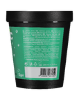 Back view of a green and black container with text and symbols on a teal background