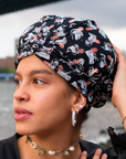 Model wearing black mermaid aqua leisure turban