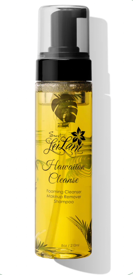 Bottle of Hawaiian Cleanse Foaming Cleanser with palm tree design on a white background