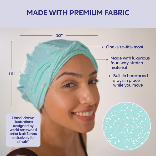 Turban with text highlighting features and a close-up of the fabric texture.