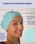 Turban with text highlighting features and a close-up of the fabric texture.