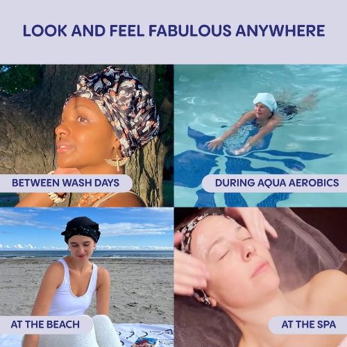 Collage of a woman wearing a headscarf in various settings with text about headscarf use.