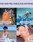 Collage of a woman wearing a headscarf in various settings with text about headscarf use.