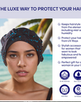 Woman wearing a headscarf with beach background and product features listed.