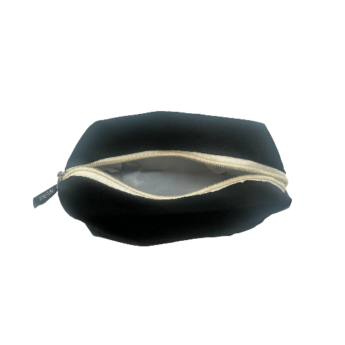 Black pouch with a gold zipper on a white background