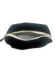 Black pouch with a gold zipper on a white background