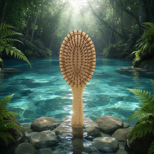 Wooden brush with natural bristles in a forest setting