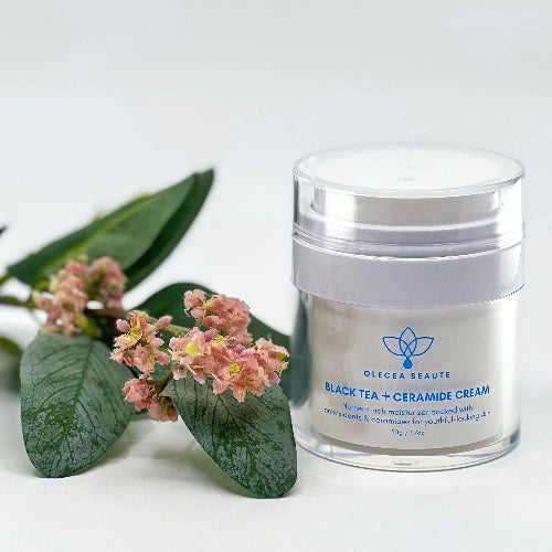 Black Teat + Ceramide Cream package with leaves