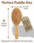 Bamboo hairbrush with measurements and tag on a white background