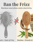 Bamboo hairbrush with text 'Ban the Frizz' and images of static electricity and smooth hair.