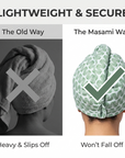 Comparison of a towel wrap labeled 'The Old Way' versus 'The Masami Way' with text indicating weight and security.