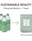 Packaging of Masami hair towel made from recycled bottles with text 'Sustainable Beauty' and '3 Recycled Bottles = 1 Towel'.