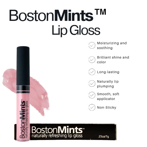 Boston Mints lip gloss with product details on a white background