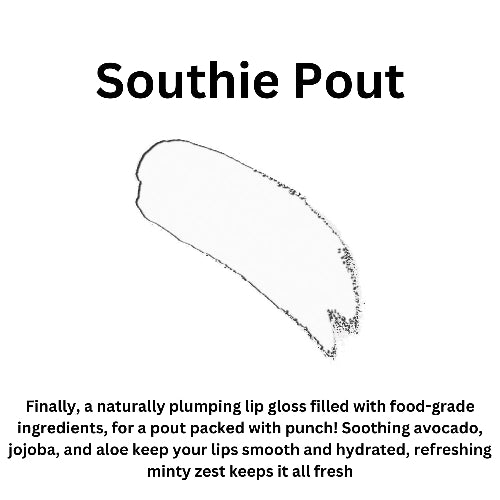 Lip gloss packaging with 'Southie Pout' branding and product description on a white background.