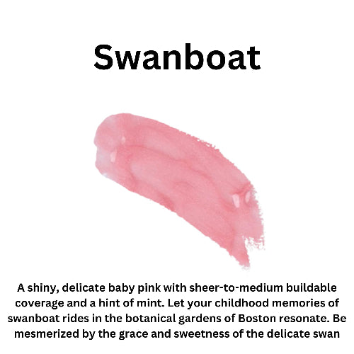 Pink lip gloss swatch with 'Swanboat' branding and product description on a white background