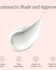 White cream swatch on a pink background with 'Pharmacist Made and Approved' text and icons.