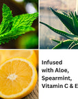 Four images of mint leaves, aloe vera, lemons, and text about ingredients on a white background.