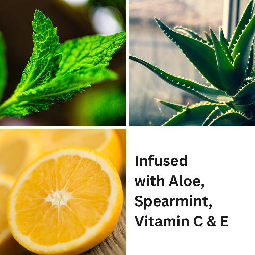 Collage of mint leaf, aloe vera plant, and lemon slices with text about ingredients.