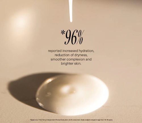 Close-up of a droplet on beige background with text about skin hydration.