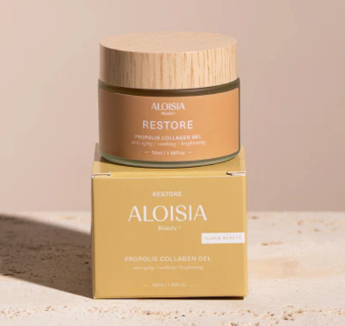 Aloisia Restore Propolis Collagen Gel jar and box on a beige background