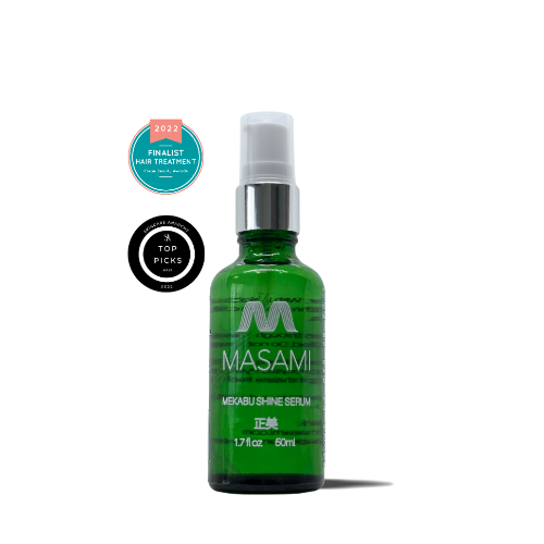 Green serum bottle with &#39;MASAMI&#39; branding on a white background