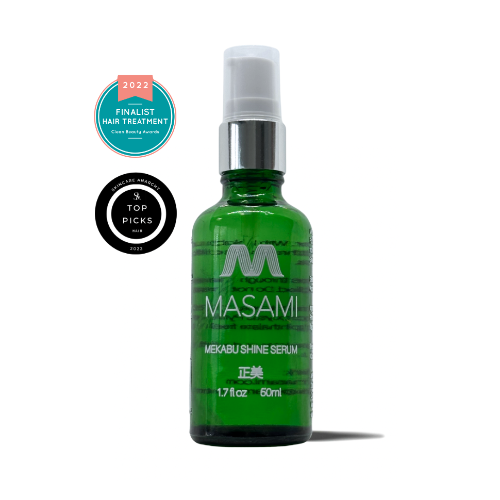 Green bottle of Masami Mekabu Shine Serum with awards on a white background