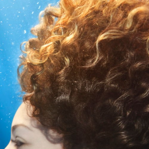A close-up of a person with voluminous curly hair in warm brown and golden blonde tones against a bright blue background.