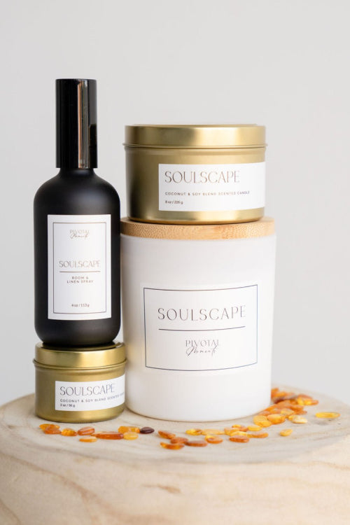 Full set of soulscape home scents by Pivotal Moments including linen spray and three candle sizes