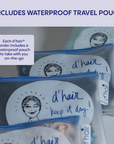 Waterproof travel pouches with 'd'hair' branding on a blurred background