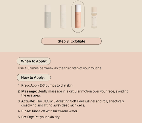 Step 3: Exfoliate skincare product with application instructions on a beige background
